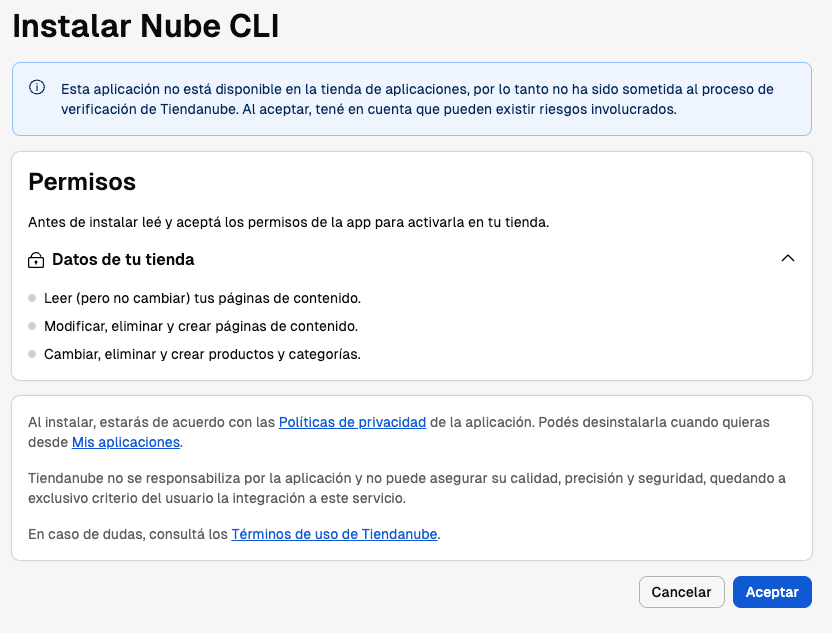Store admin installation screen for the Tiendanube/Nuvemshop CLI